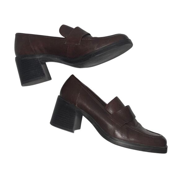 Vintage 90s Chocolate Brown Chunky Loafers Womens 6.5 Block Heel Preppy Academia - Picture 1 of 8